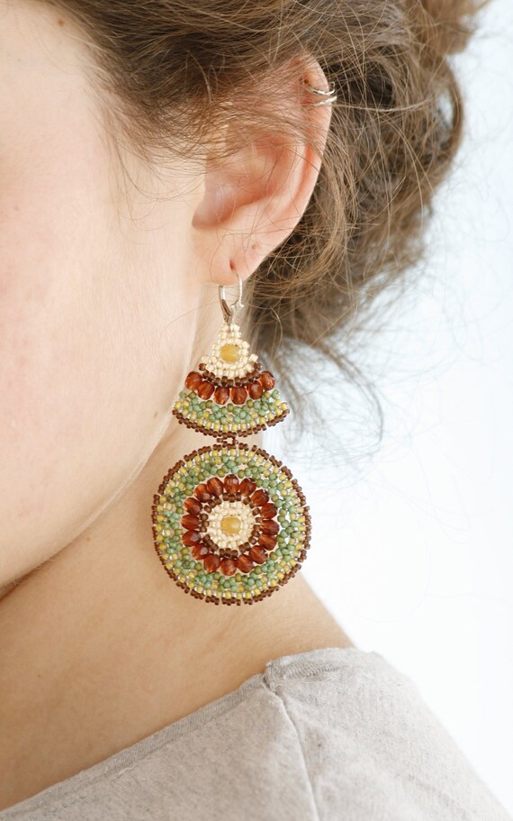 Beaded earrings-mandala-very Long-green and brown