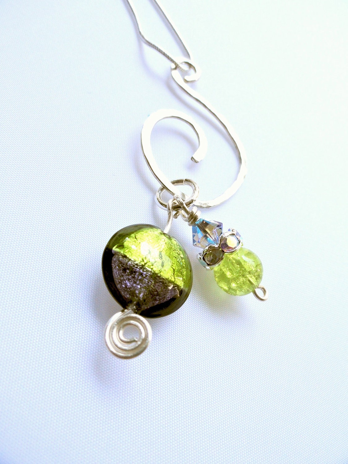 Lime and Grape Venetian Bead Pendant and Silver Ball Chain Necklace