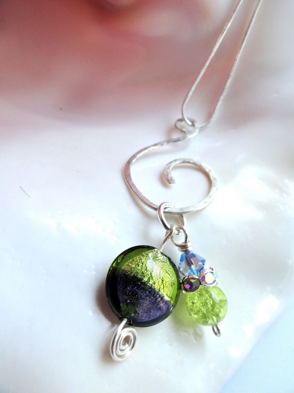 Lime and Grape Venetian Bead Pendant and Silver Ball Chain Necklace