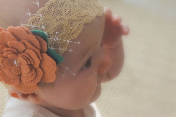 Wool felt rose lace headband with french netting