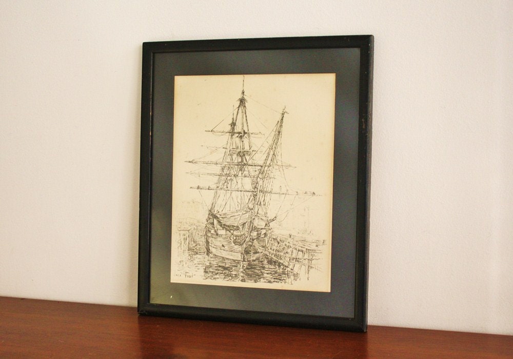 Vintage pen and ink illustration drawing framed, black and white