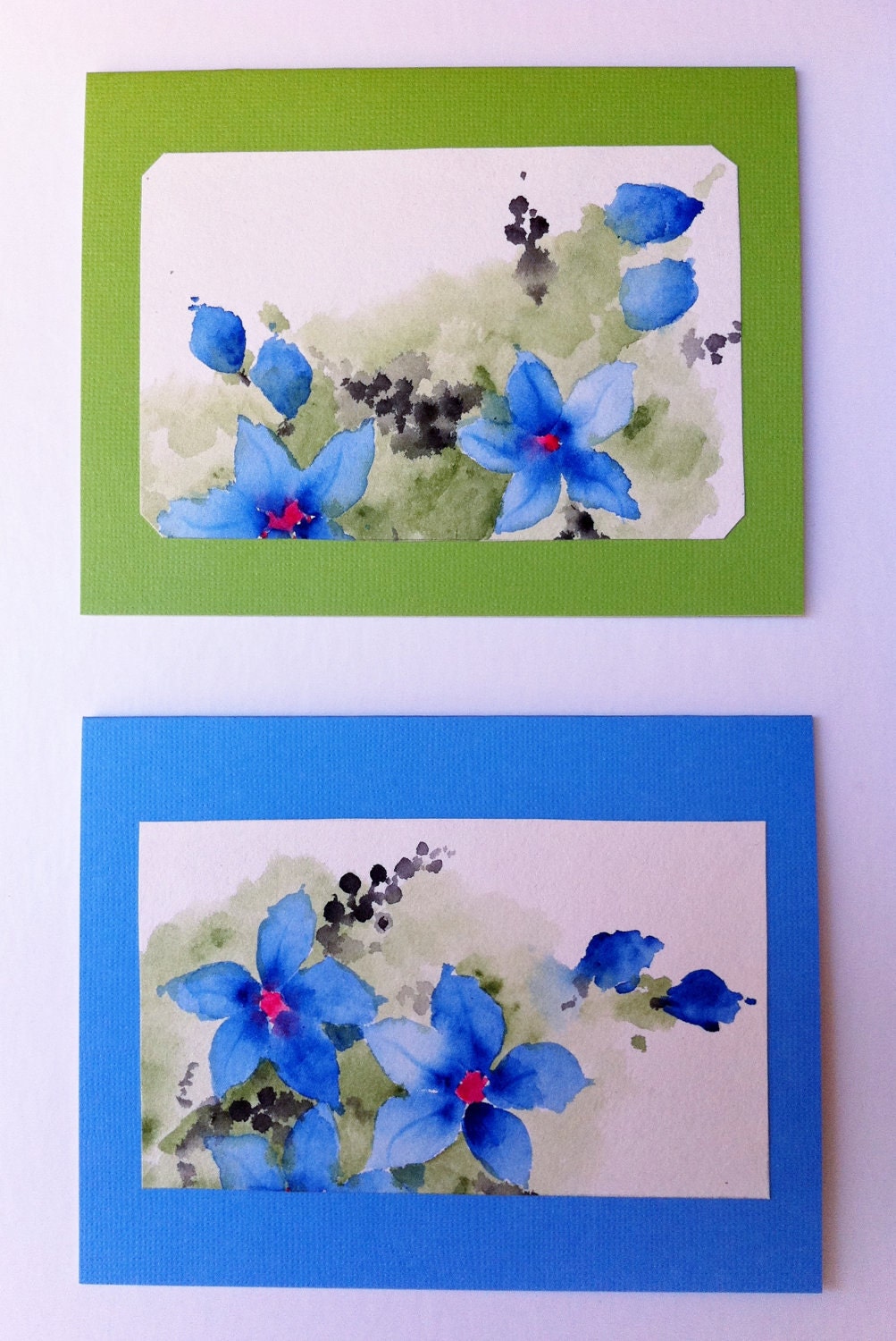 Hand Painted Greeting Cards, Blue Flower Paintings, Original Watercolor, Blue, Green, Blank NoteCards, Winter, Set of Two, OOAK
