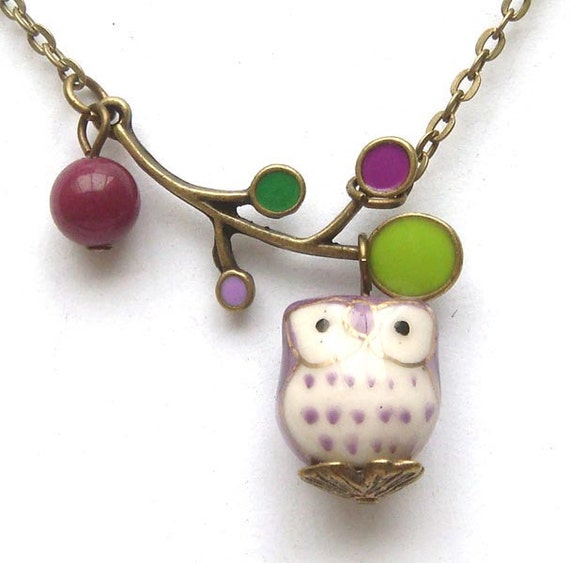 Antiqued Brass Leaf  Jade Porcelain Owl Necklace