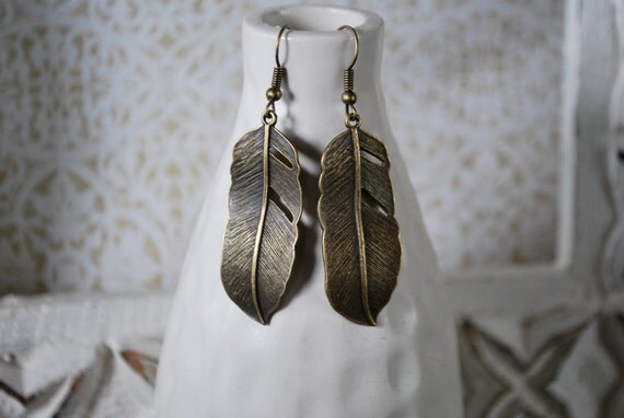 Antique Bronze Feather Earrings buy 3 get 4th free