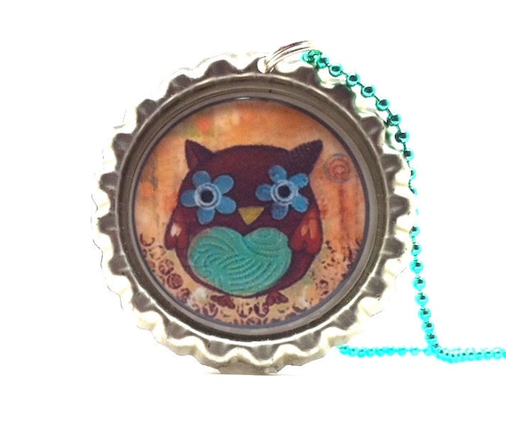 Necklace, Owl, Bottle Cap in Teal and Orange