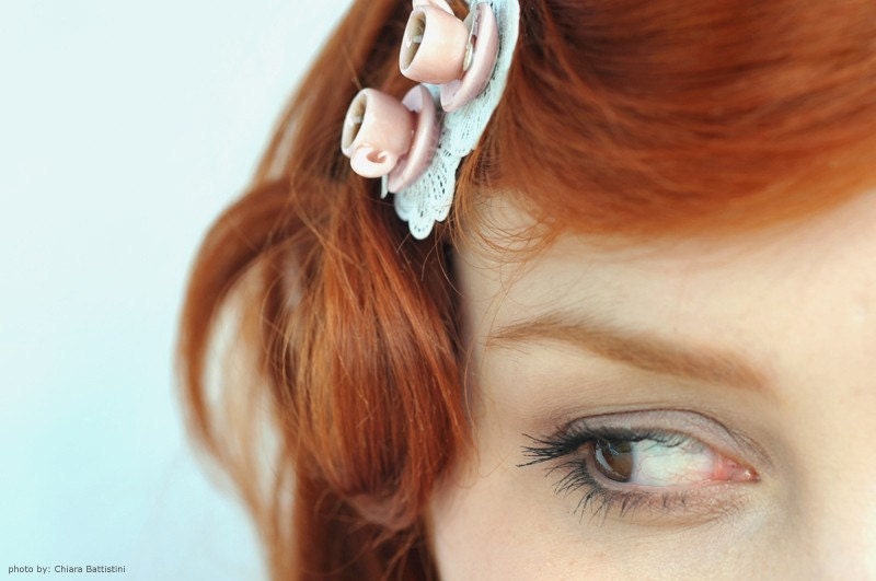 Tea Cup Bobby Pin With Shabby Lace Doily "La Petite" White, Pink or Peach, Miniature Food Jewelry