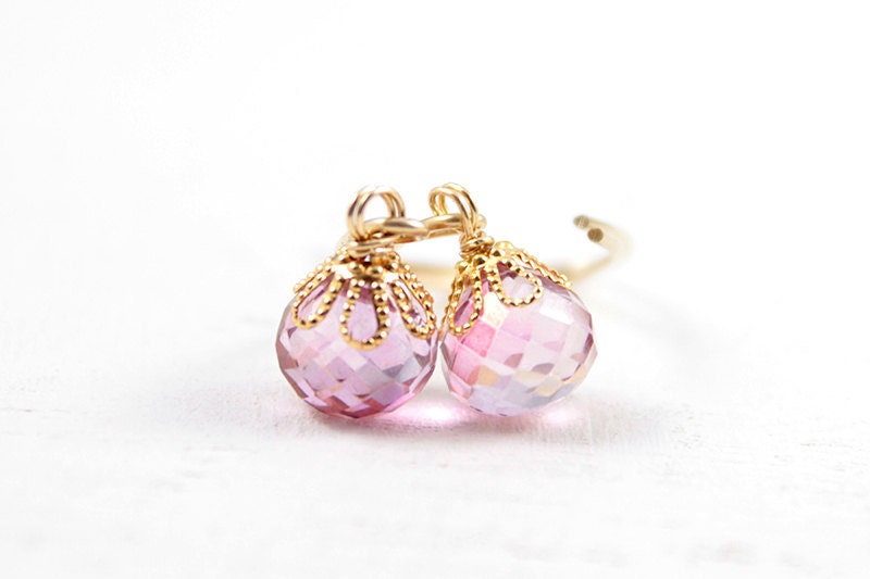 Pink Drop Earrings - simple everyday gemstone dangle earrings with 14k gold filled long ear hooks