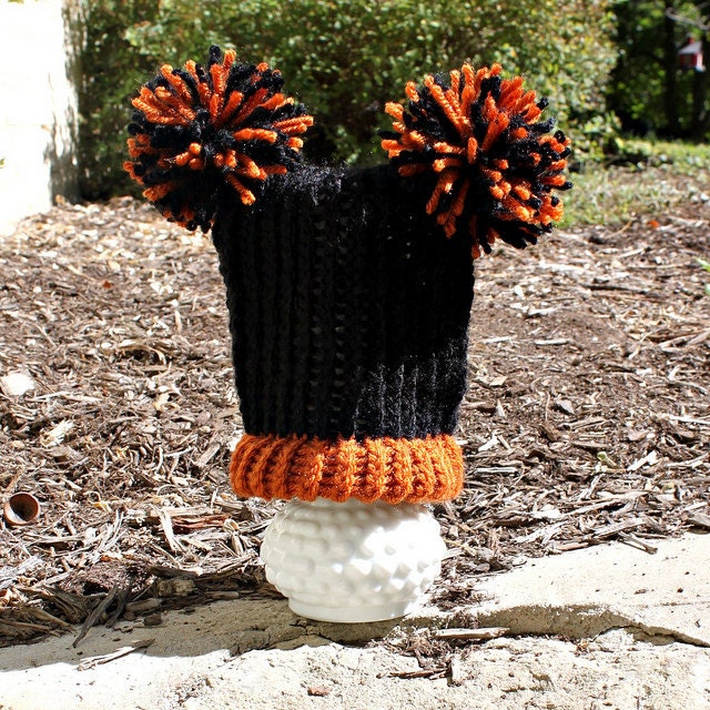 Halloween Baby Hat - Knit Black and Orange Baby Pom Pom