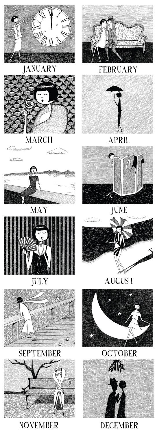 2012 Wall Calendar // 1920s style flapper doodle calendar // PDF Printable