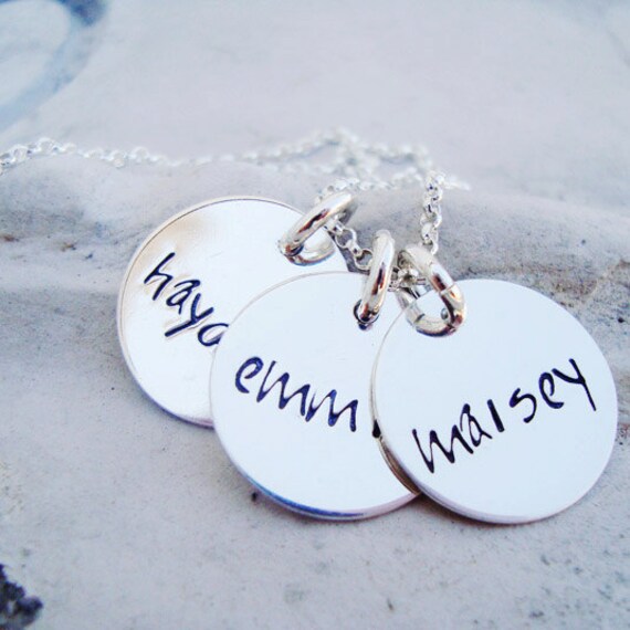 hand stamped personalized mothers necklace.. handwritten sterling silver discs.. handstamped mommy jewelry
