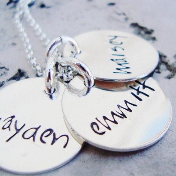 hand stamped personalized mothers necklace.. handwritten sterling silver discs.. handstamped mommy jewelry