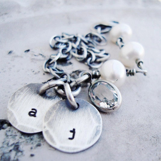 typed initials... personalized handstamped rustic pearl mothers charm bracelet