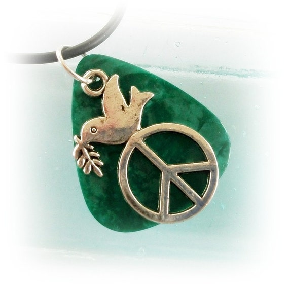 Guitar Pick Jewelry Pendant Dove Peace Green Pearloid