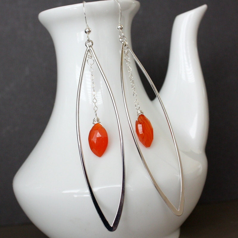 Carnelian Orange Earrings on Large Silver Marquise Hoops, Sterling Silver Earwires.