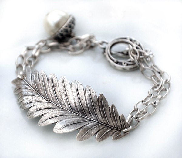 Silver Leaf Bracelet With White Pearl Acorn Birthday Bridal Gift Bridesmaids Free Gift Wrap