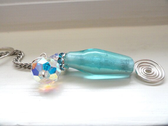 Turquoise Blue Lampwork Bead Swarovski Crystal Lariat Silver Necklace