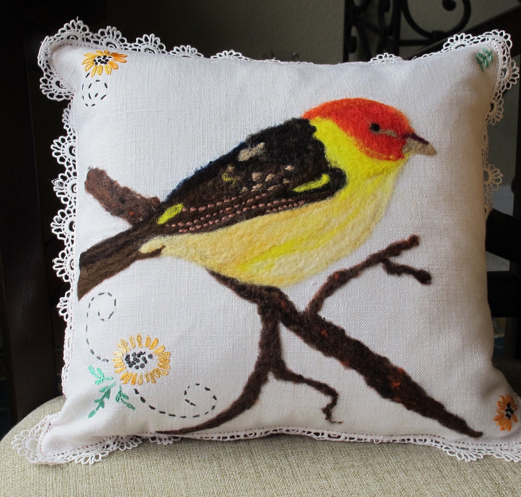 Western Tanager Bird Hankie Pillow, vintage, cushion, refurbished, needle felt, yellow bird