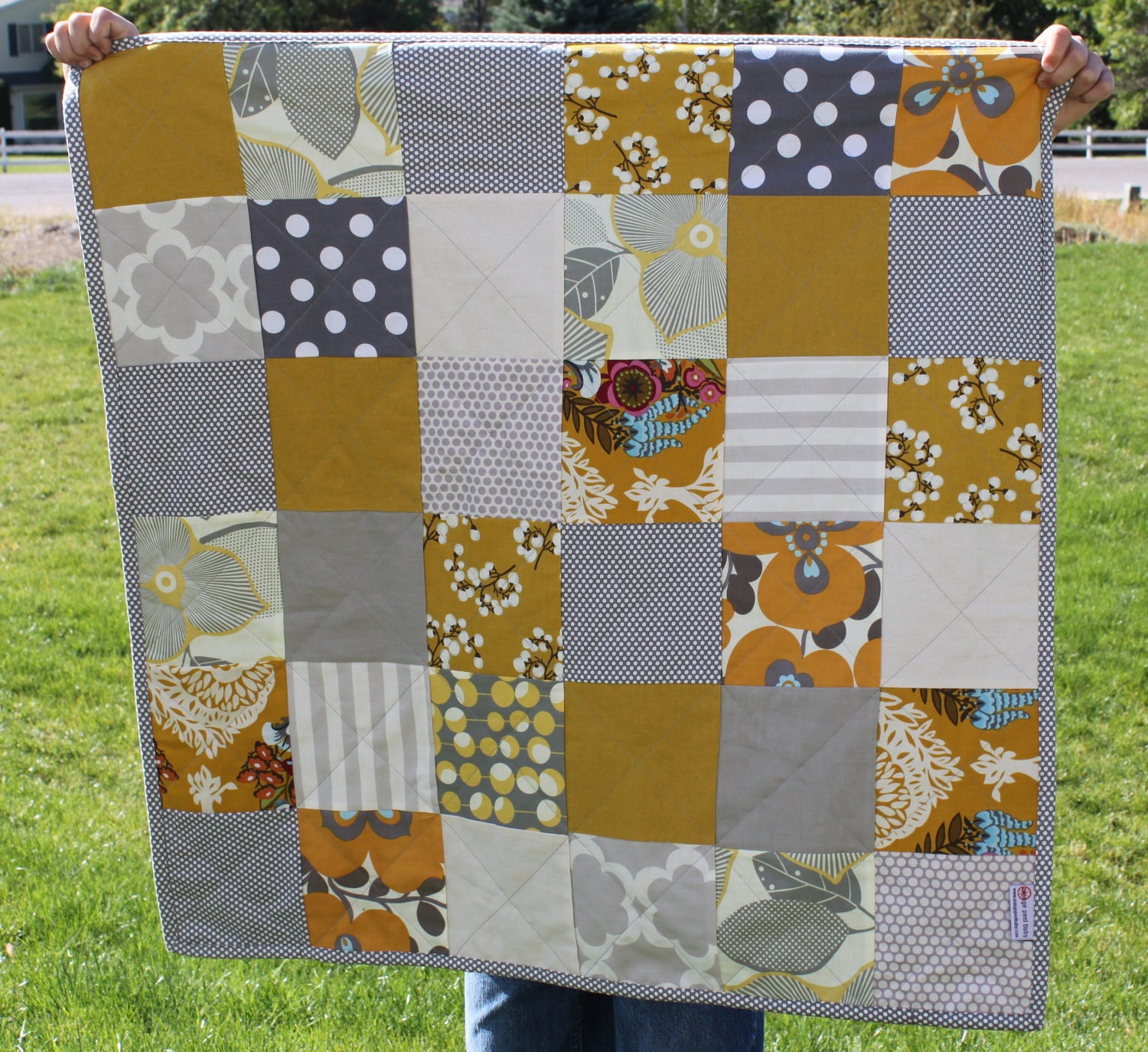 gray and mustard baby quilt