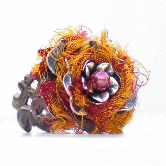 Cocktail Ring Pumpkin Sari Metal Flower by Catherine Jeltes as galleryzooartdesigns on Etsy from etsy.com