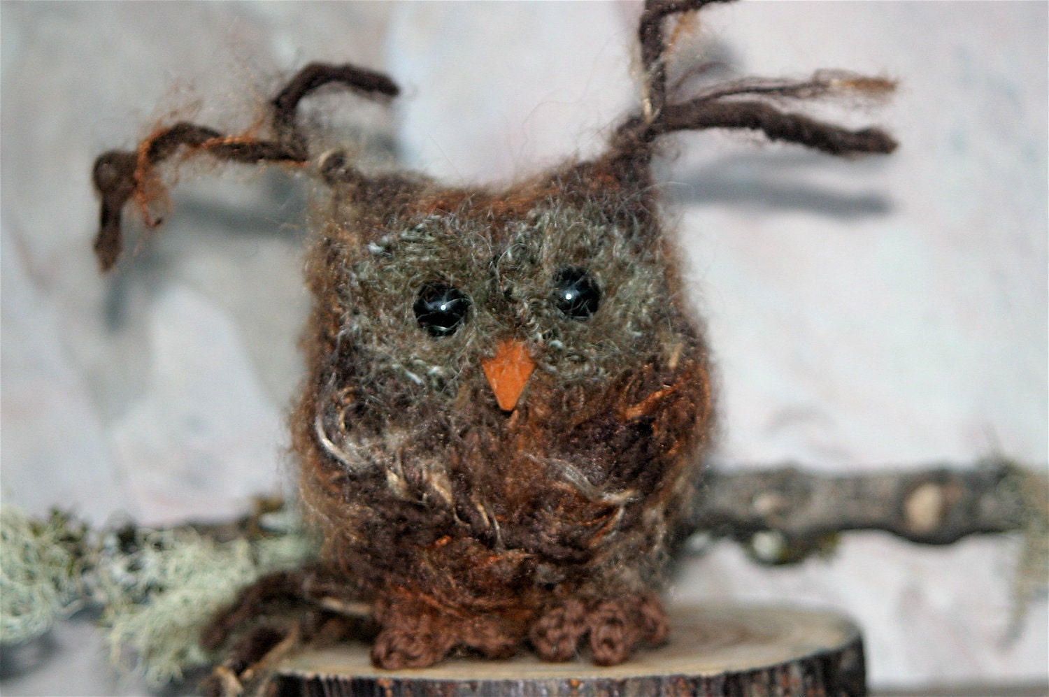 Brown Baby Owl ... knit fuzzy eco felt owl (woolcrazy)