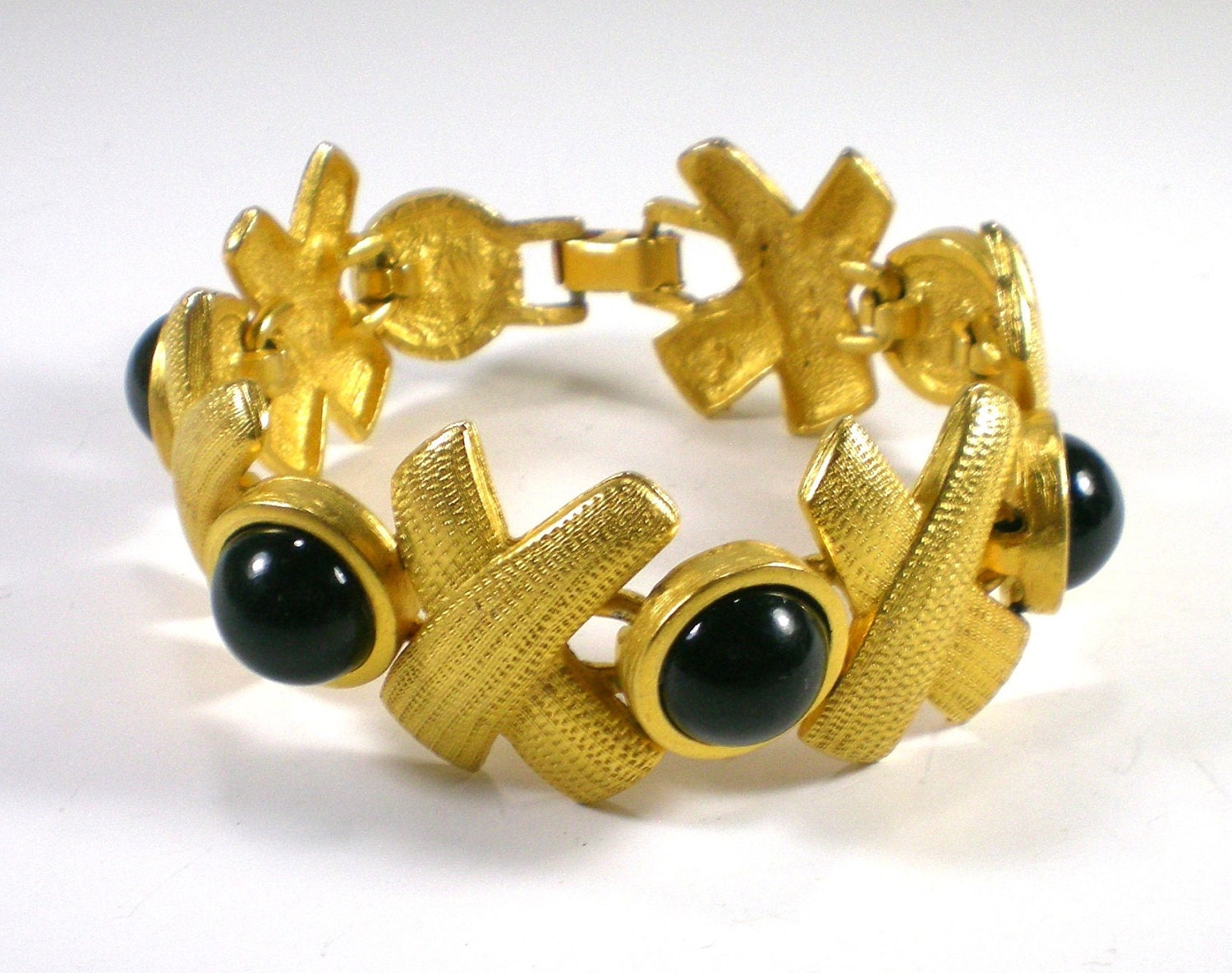 Vintage Gold Matte Bracelet With Black Lucite by paleorama on Etsy from etsy.com