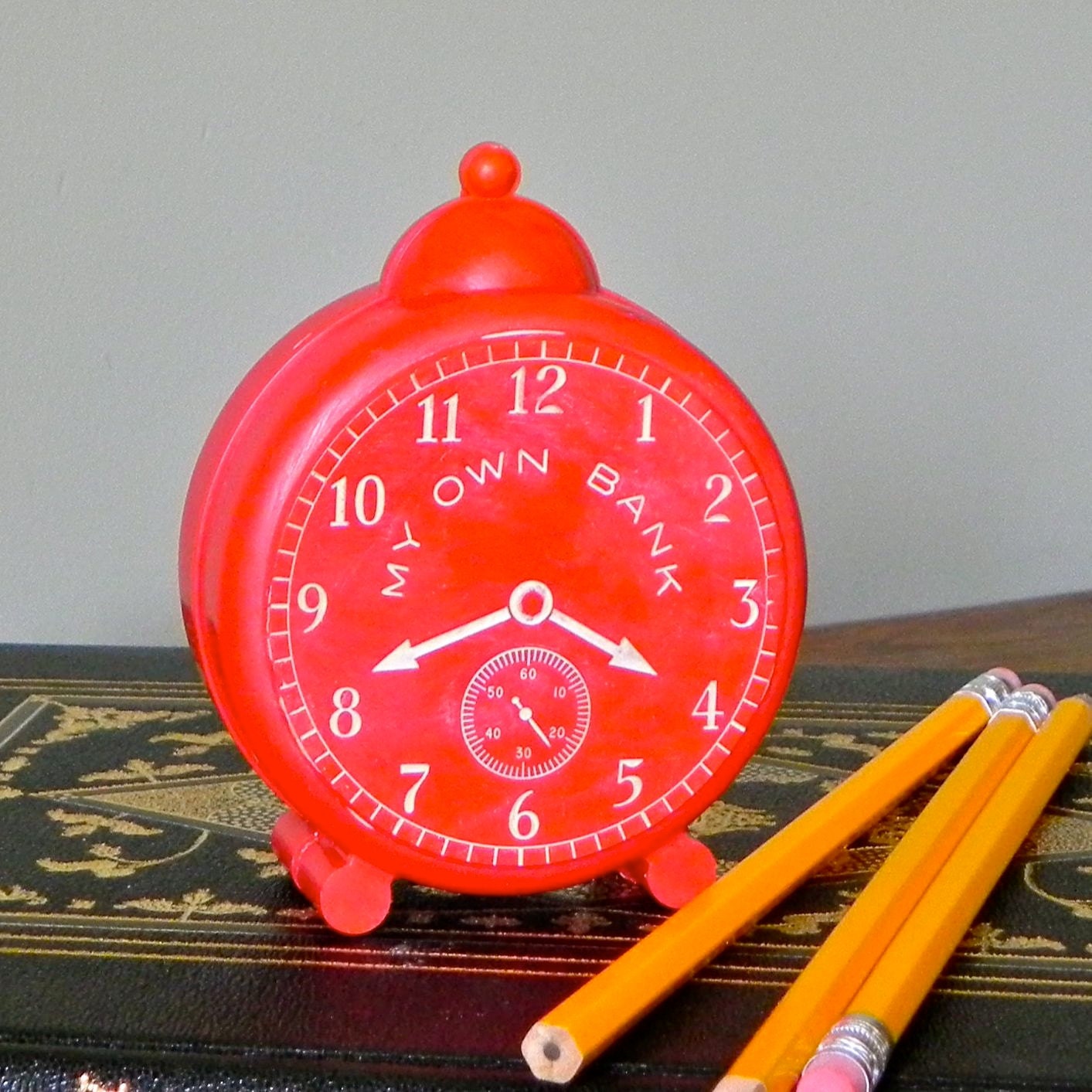 Vintage bank - red plastic alarm clock - My own Bank