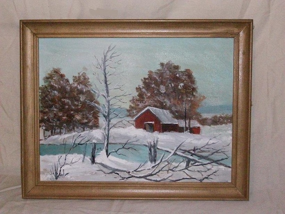 Vintage 1950's paint by numbers Barn in Winter scene painting