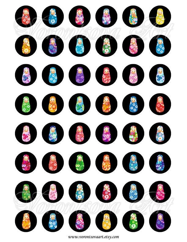 Matryoshka doll black 1 inch Circle image Matrioshka Babushka Russian Dolls Digital Collage Sheet Printable download Bottle Cap Magnets 8204