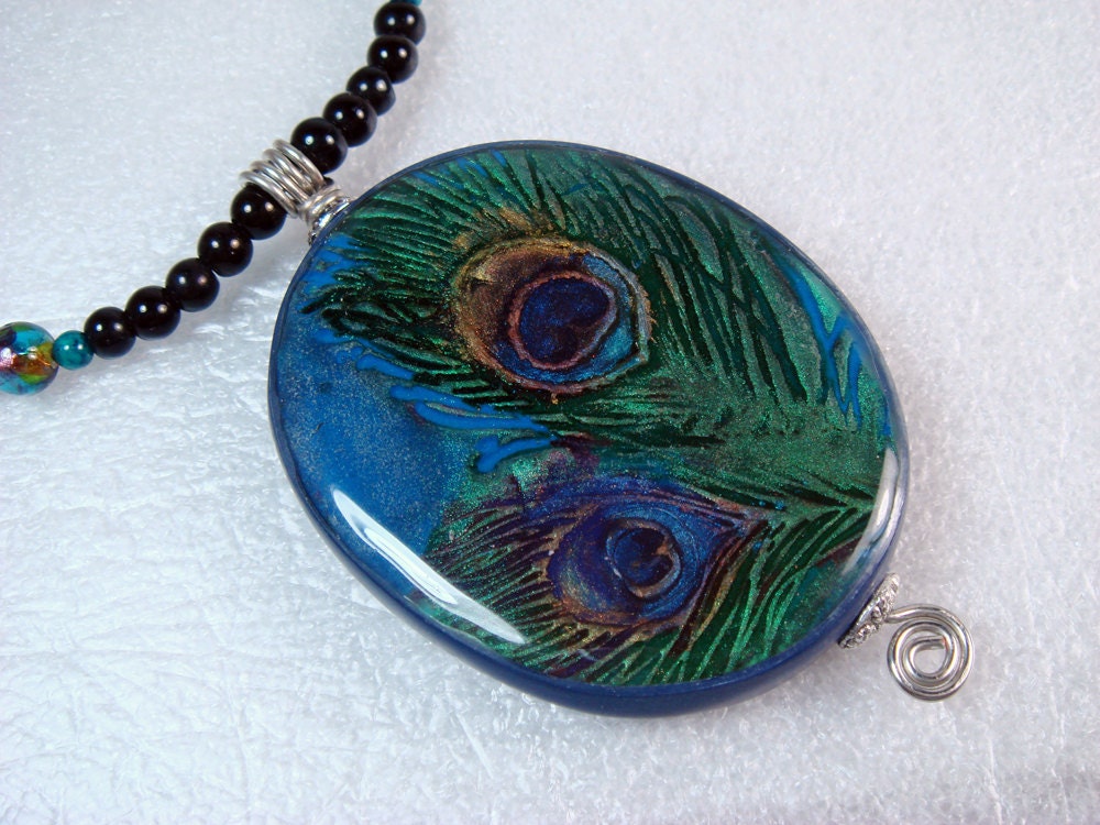 Handmade Jewelry Polymer Clay and Resin Peacock Feathers Necklace