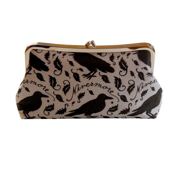 Clutch purse with black raven on gray - reserved for BettyBoho