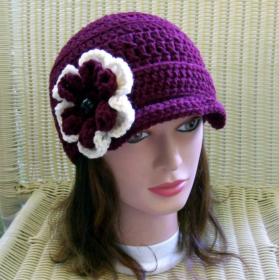 Crocheted Newsboy Hat Claret with Removable Flower Pin