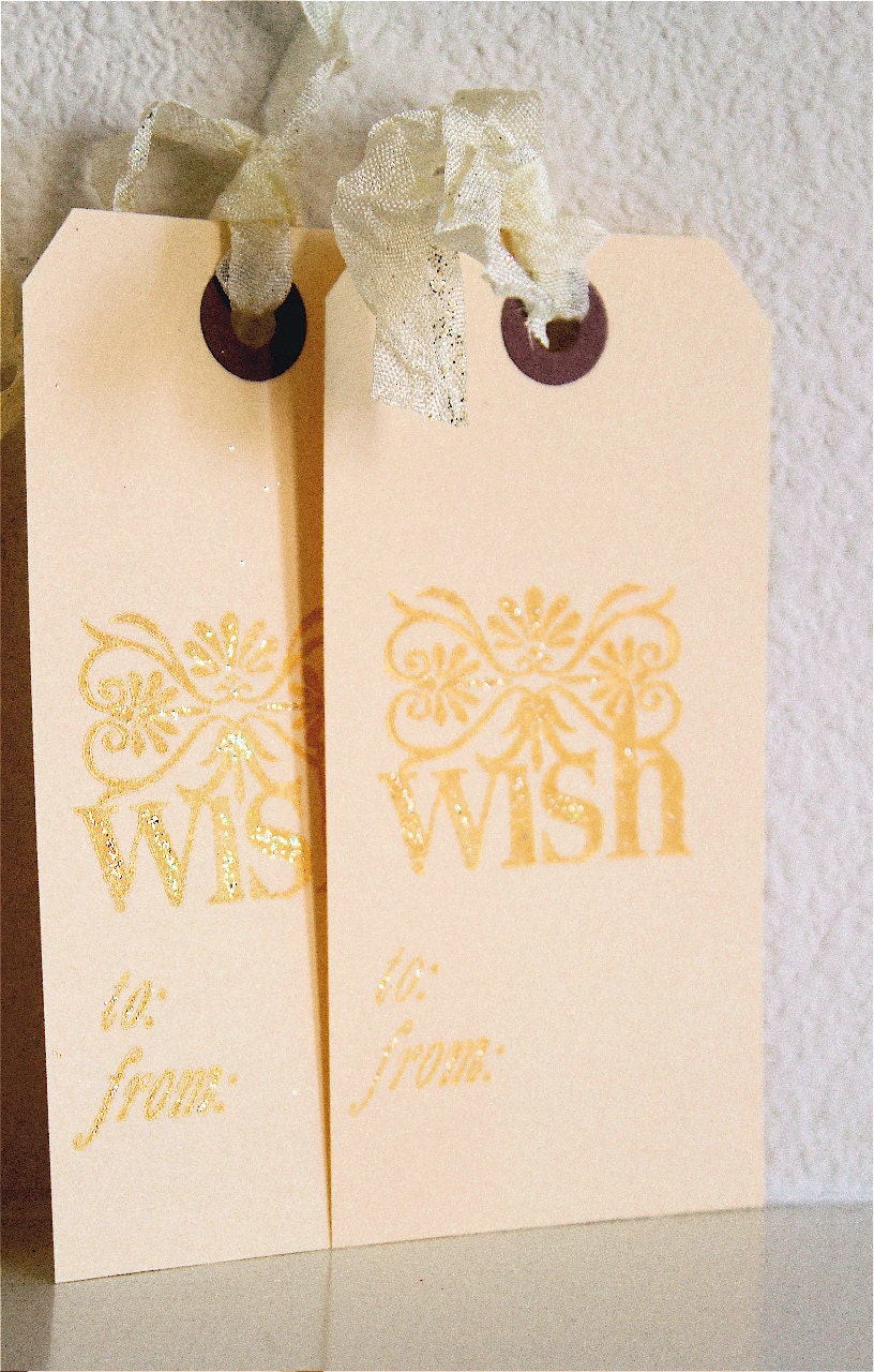 W i S H . Gold 4 TAG Set . Christmas I'm in a TREASURY Seam Binding Gift Baby Wedding Shower Party November December January STAMP 1241