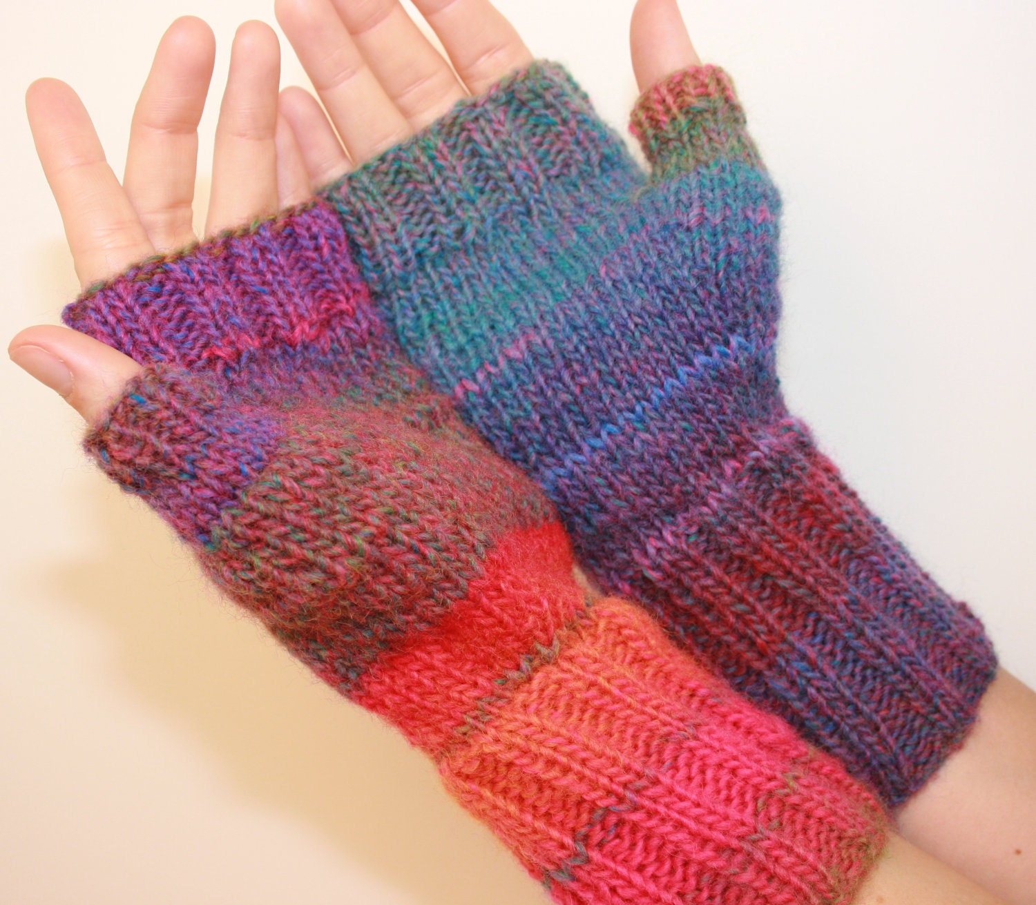 Fingerless Mittens with Thumb, Hand-knit, Women's Medium, I Love the 80s