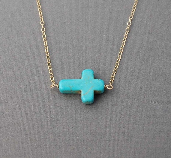 Horizontal Sideways Turquoise Cross Necklace in gold or silver