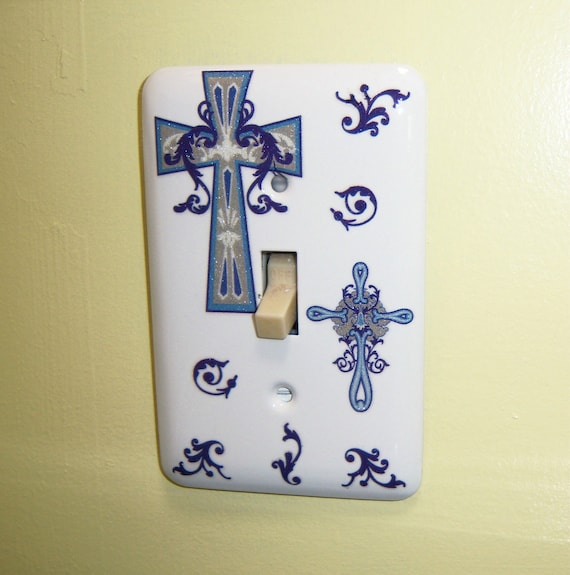 Blue Crosses steel single light switch cover - glittery