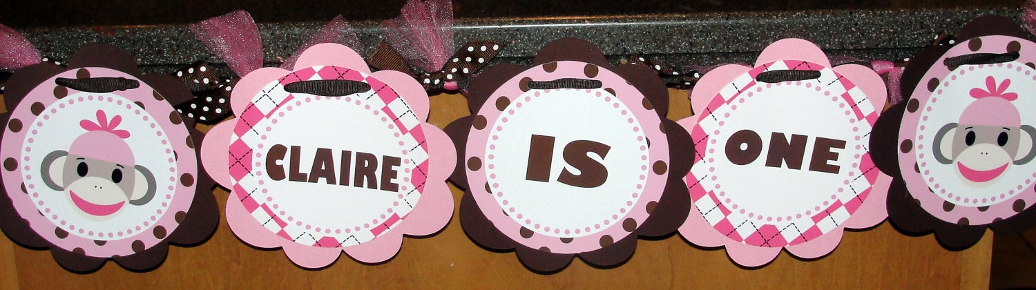 Personalized Girl Sock Monkey Birthday High Chair Banner