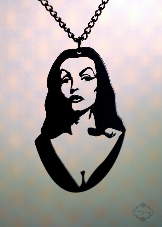 Vampira homage horror necklace in black stainless steel - psychobilly pin up jewelry