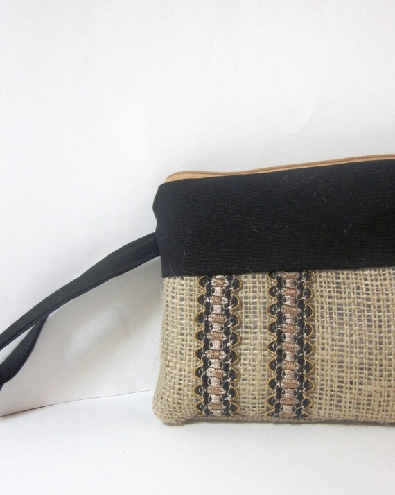 Black and Tan Wristlet -  Burlap and Canvas