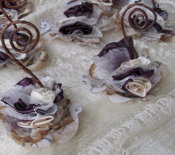 Fabric Hand stamped Flower Place Card Holder Plum and Ivory  Set of 10 by My Broken Art on Etsy