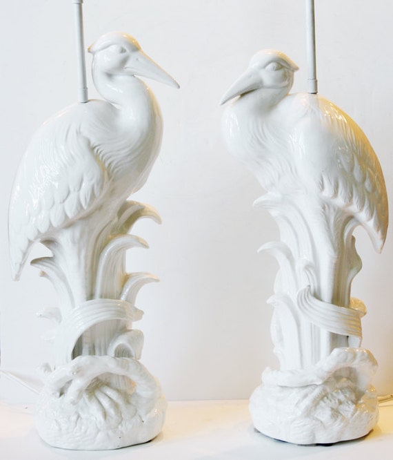 Pair Mid Century Rare White Glazed Pelican Lamps Hollywood Regency