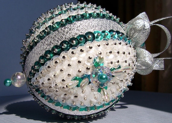 Sequined Christmas Ornament in Teal Silver and White