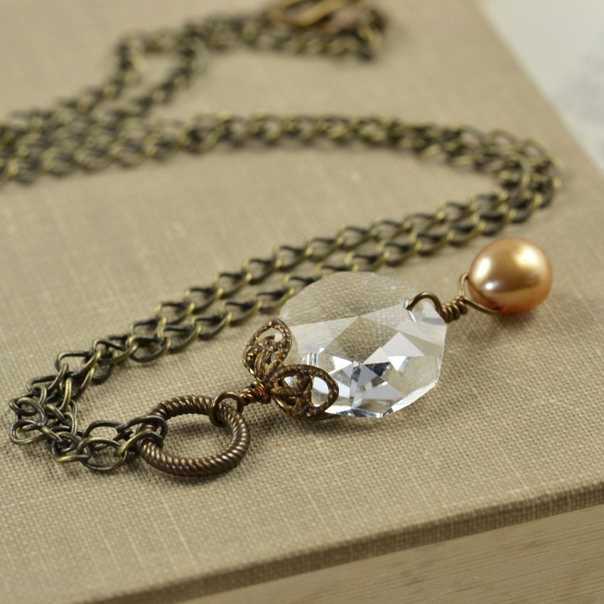 Vintage Repurposed Brass Necklace, Chandelier Crystal, Pearl