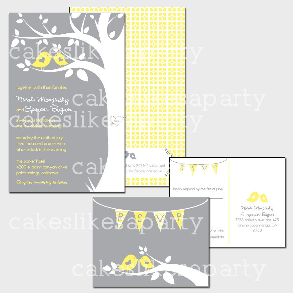 Printable Wedding Invitations Grey Yellow Birds Cakes Likes A Party