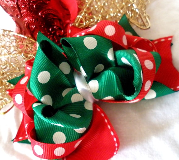 Girls Boutique Layered Hair Bow - Happy Holidays Boutique Bow - Christmas Bow, Winter, Holiday, Green, Red