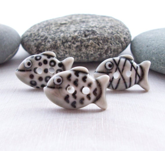 Fish Buttons Warm Grey Glazed Handmade Porcelain