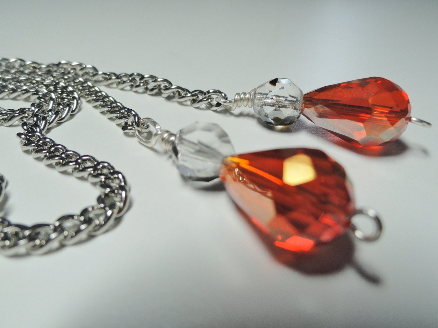 ON SALE - Flame Red Orange Czech Crystal Lariat Chain Necklace