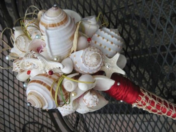 Red Romance of the Sea Romantic Antique Lace Natural Seashell Bouquet mixed with Starfish