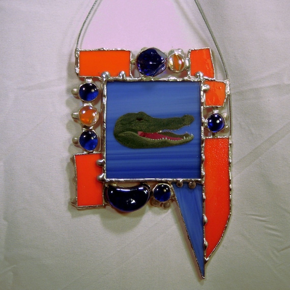 Gator Orange Blue Sun Catcher Stained Glass Handmade