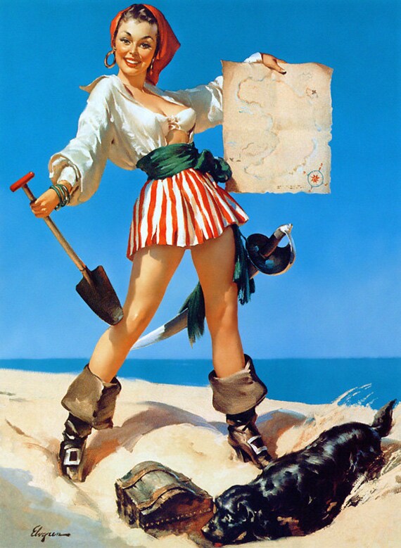 Free US shipping Handprinted Cotton Art Reprodn Applique Vintage Sexy Pin-up Girl Gil Elvgren, "Hidden Treasure" , 1954
