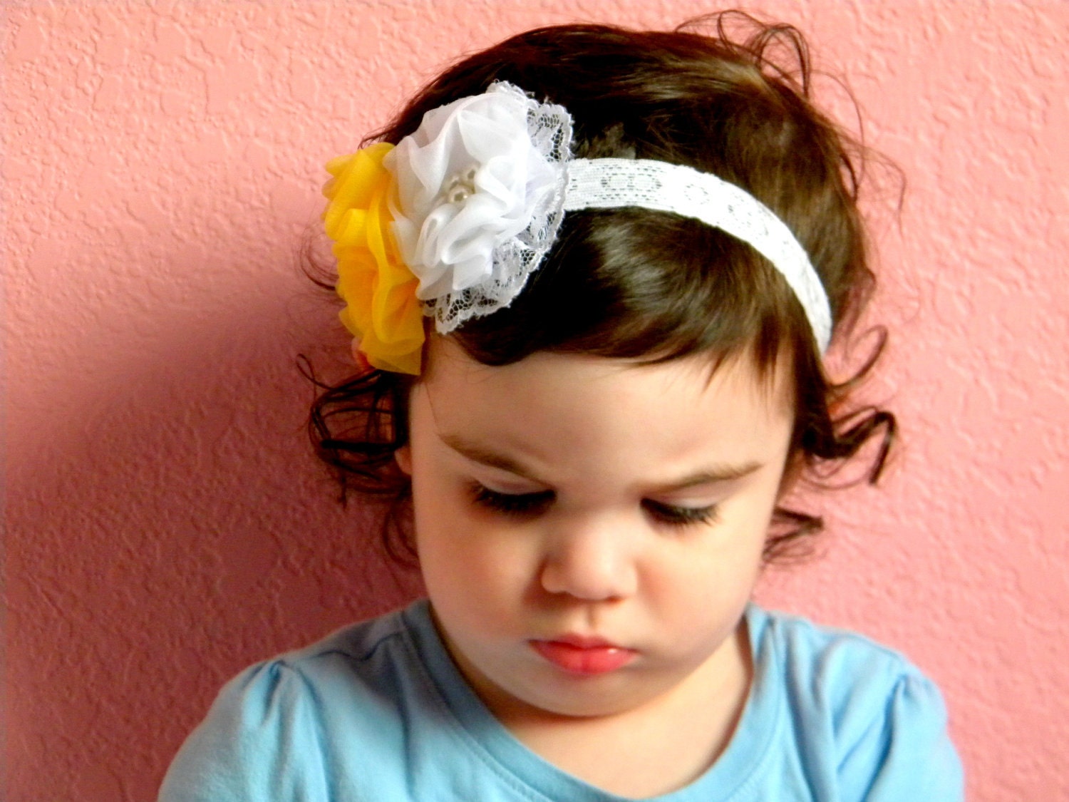 Yellow and white baby girls chiffon flower headband with pearls and lace on lace elastic READY TO SHIP